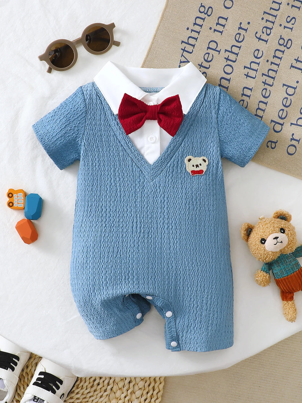 Infant and Toddler Boys' Romper, Stylish Casual Little Gentleman Style with a Faux Two-Piece Design, Short Sleeves, Solid Color, and Bear Embroidery