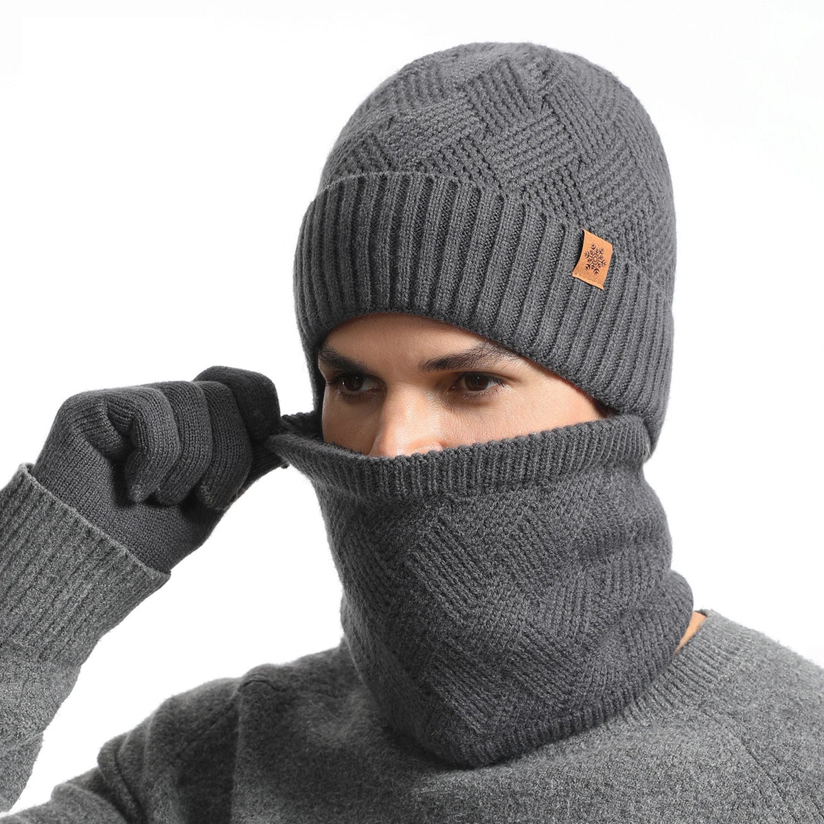 Men Winter Beanie Neck Gaiter Gloves 3-Piece Set Stretchy Thermal Fleece Outdoor Soft Knit Hat Neck Warmer Gloves Set Daily Wear