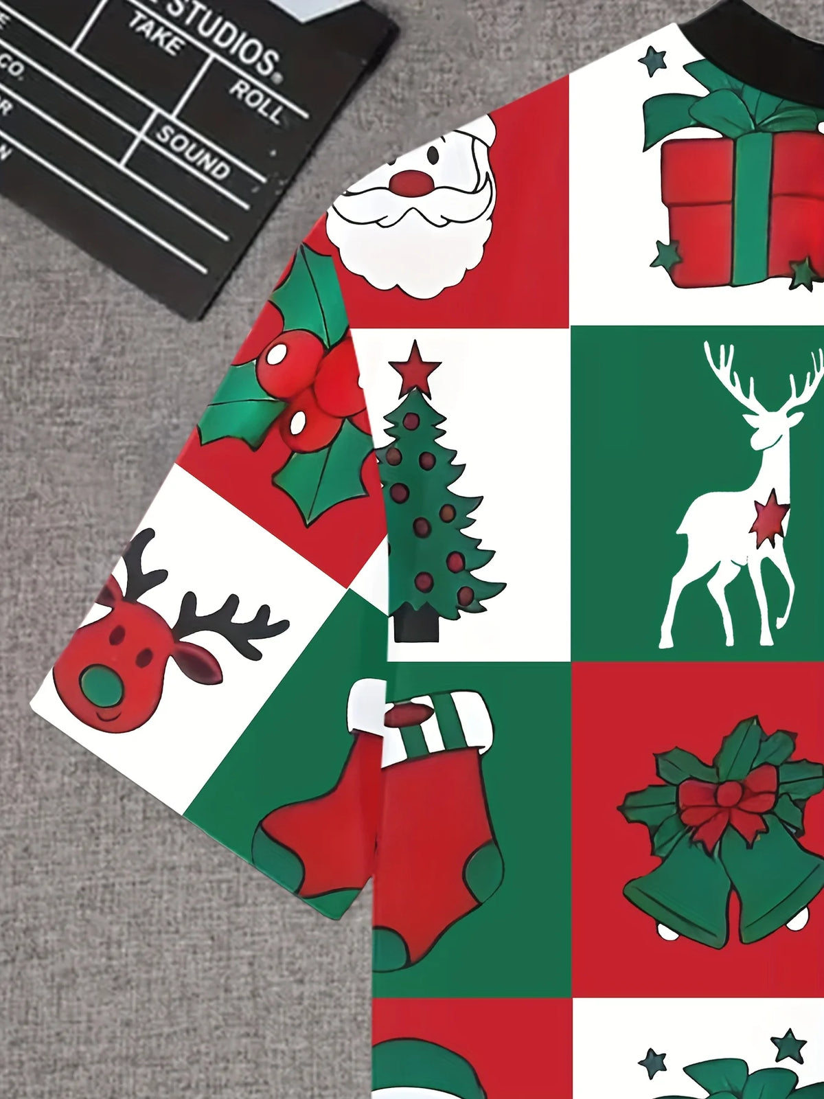 Kids Fashion Christmas Print T‑Shirt, Red‑Green Check Xmas Elements Art Short Sleeve Crew Neck Holiday Casual Tee