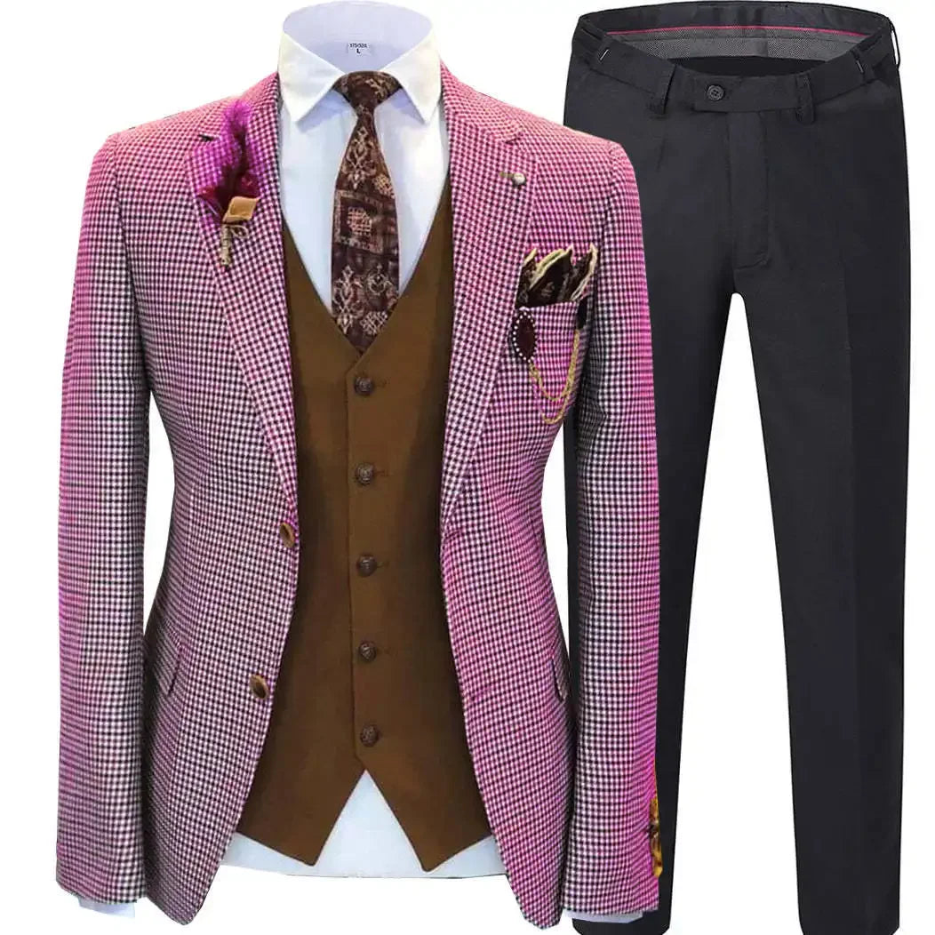 Men wedding Suits Prom Tuxedos Wool Blend Plaid Slim fit Vintage Checked Suit Groomsmen For Wedding (Blazer+Vest+Pants)