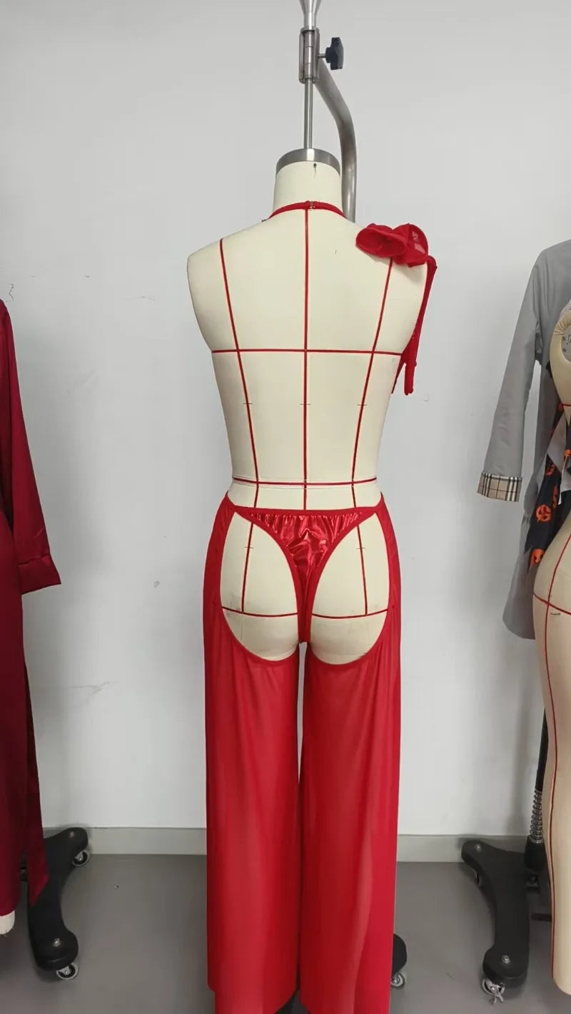 Women's Nightgown  Summer Dress  Sexy Lingerie with Open Mesh and Sheer Three-quarter-length Uniform   Including Gloves
