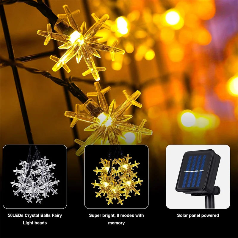 Christmas Solar String Light 8 Modes Solar Powered Snowflake Outdoor Waterproof Fairy String Lights For Home Xmas Tree Garden