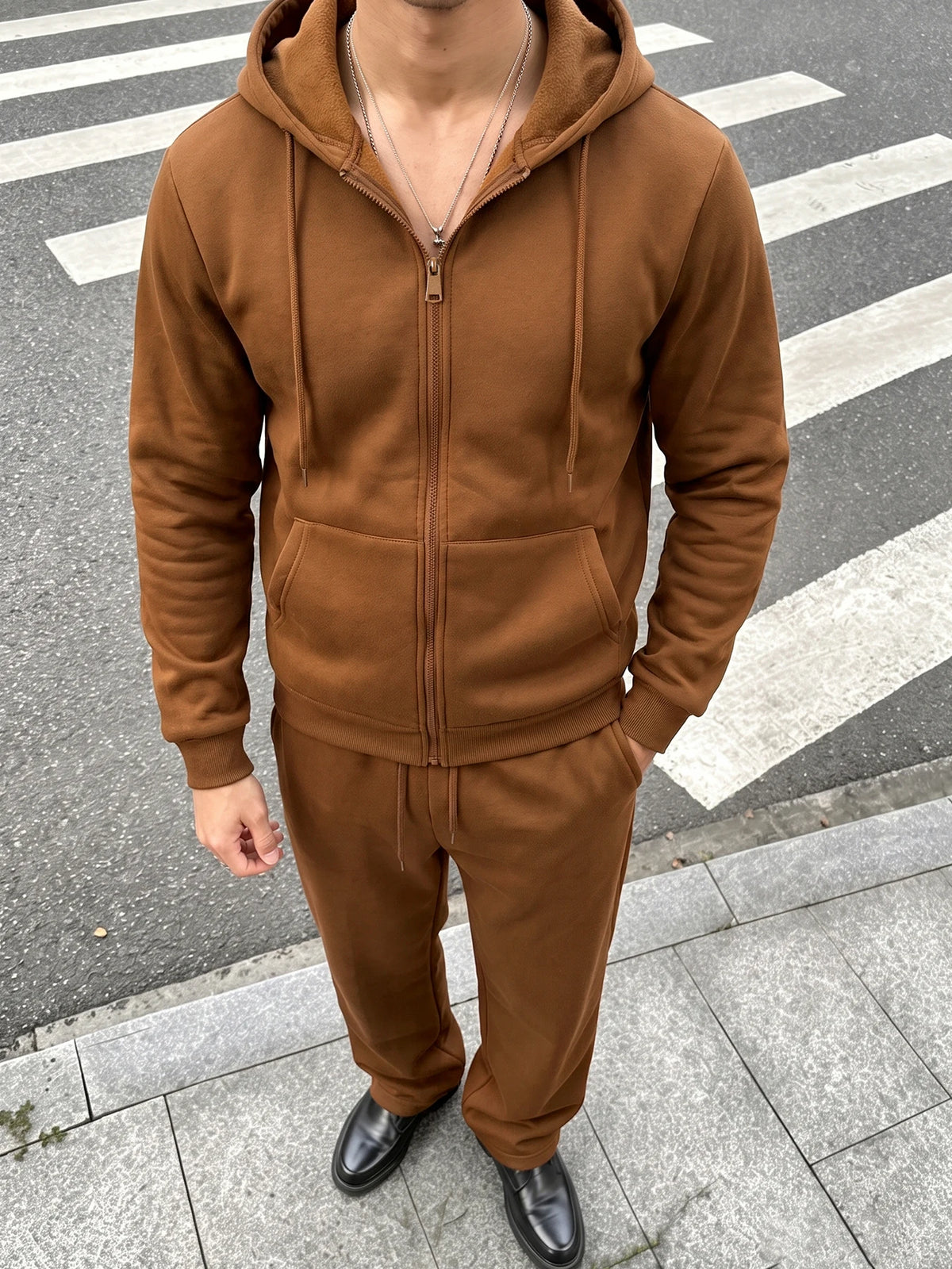 Men 2 Piece Tracksuit Set Full Zip Hooded Sweatshirt + Straight Drawstring Pants Casual Sports Outfit