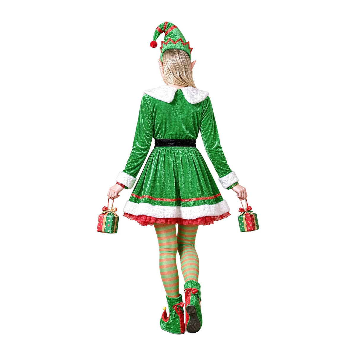 Women Green Velvet Elf Dress Xmas Santa Helper Cosplay Costume Elf Cosplay Outfit for Christmas Carnival Fancy Dress Party