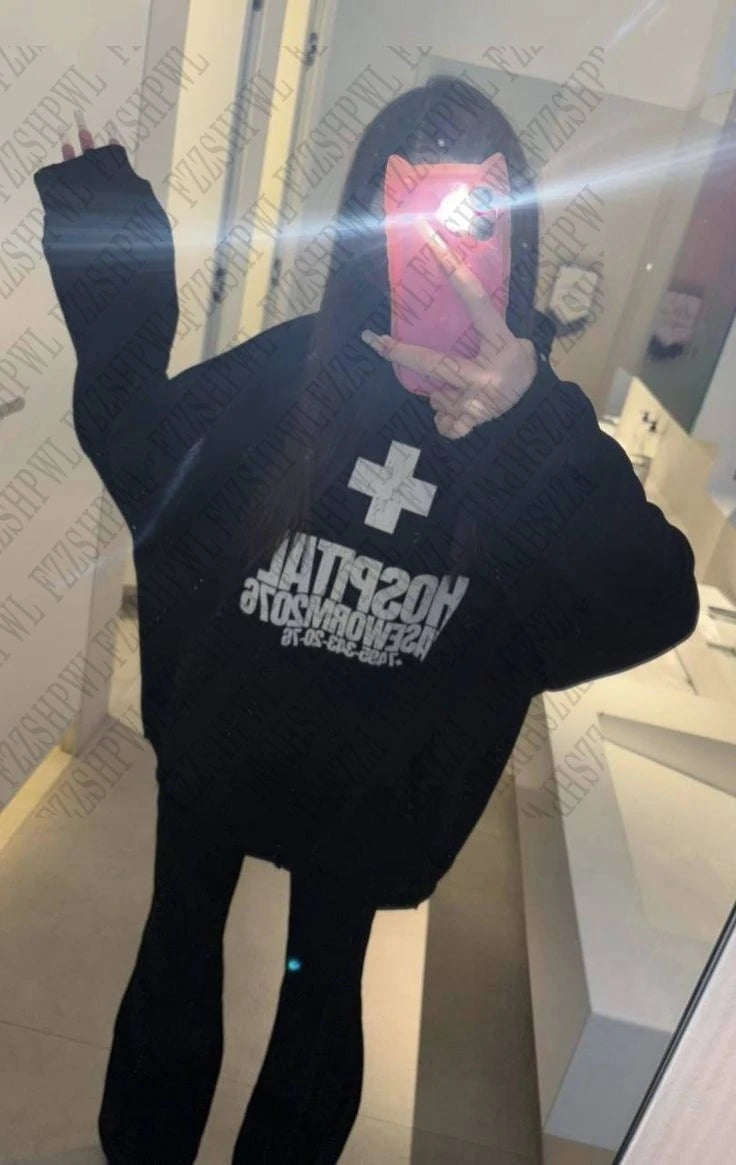 Y2K retro Fashionable classic Gothic Sweatshirt Cross Chic print Metal Rock Pullover Casual Punk High Street Winter emo Hooded
