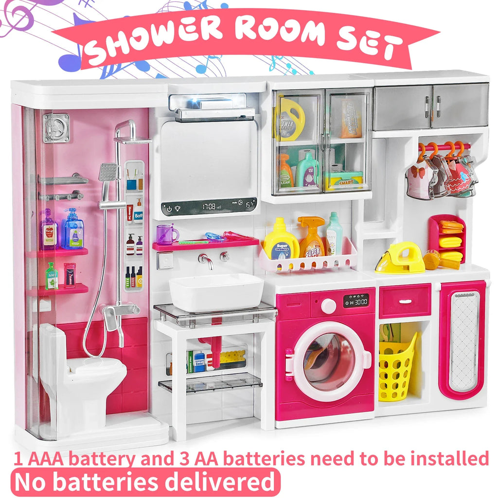 Pink Bathroom Role Play Set with Shower Vanity Laundry Cabinet Ironing Board - Ideal Christmas Thanksgiving New Year Gift