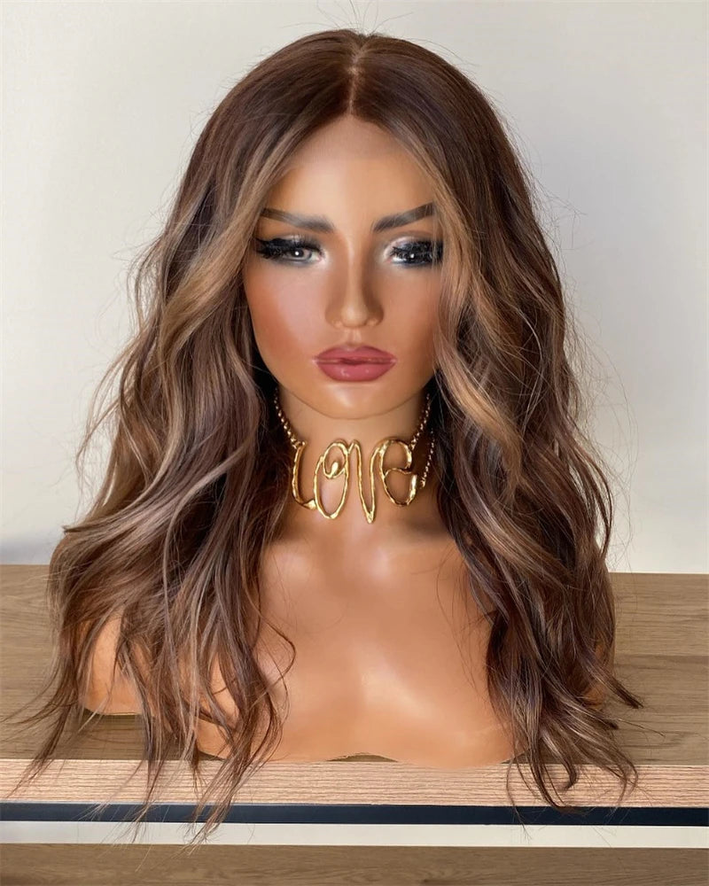 High Quality Synthetic Wig 13x4 Balayage Ombre Brown Blonde Wig with Dark Roots Synthetic Mix Human Hair Wig Preplucked Hairline
