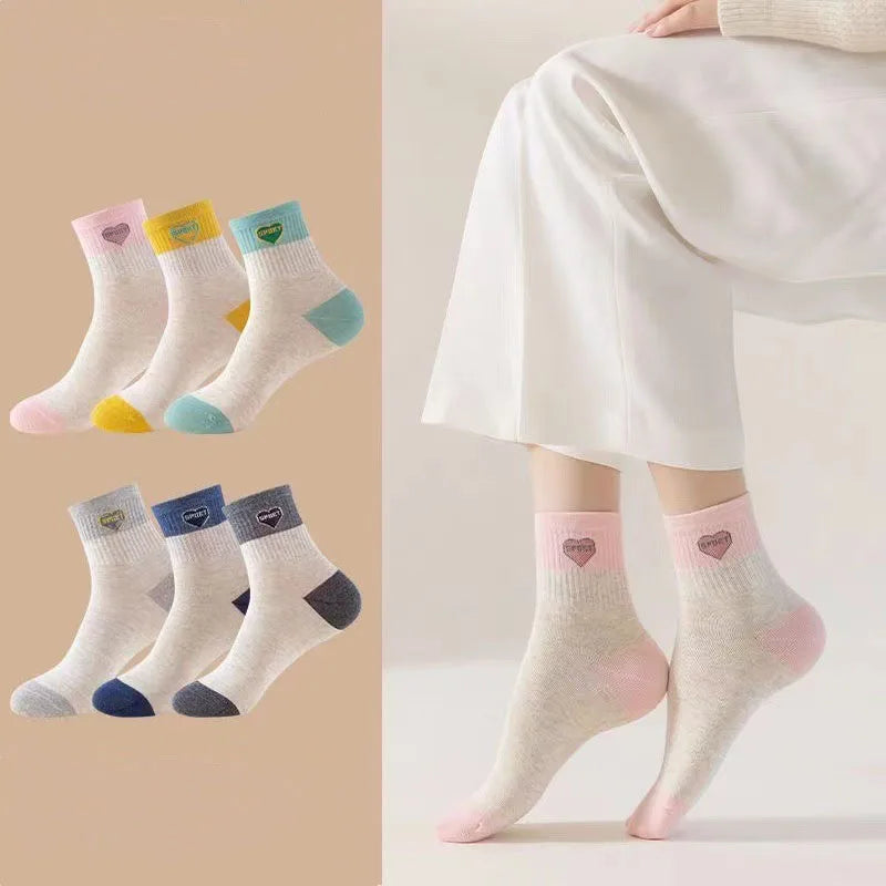 6 Pair 1 Lot Women's Socks Sweat Solid Comfortable Middle Tube Autumn Winter Sports Cotton Wicking Cute Love Stocking Breathable