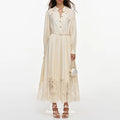 French Style Elegant Evening Dresses for Women Stand Collar Long Sleeve Floral Appliques Waist Belt Lace Hem Midi Party Dress