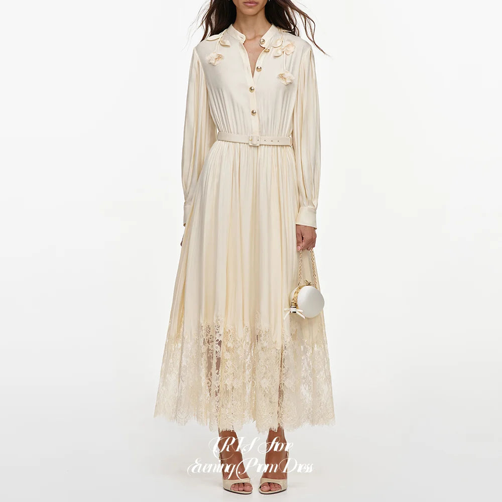 French Style Elegant Evening Dresses for Women Stand Collar Long Sleeve Floral Appliques Waist Belt Lace Hem Midi Party Dress