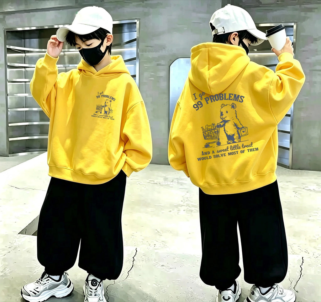 Kids Hoodie Vintage Bear Text Double‑Sided Print Hooded Sweatshirt Teen Casual Street Pullover