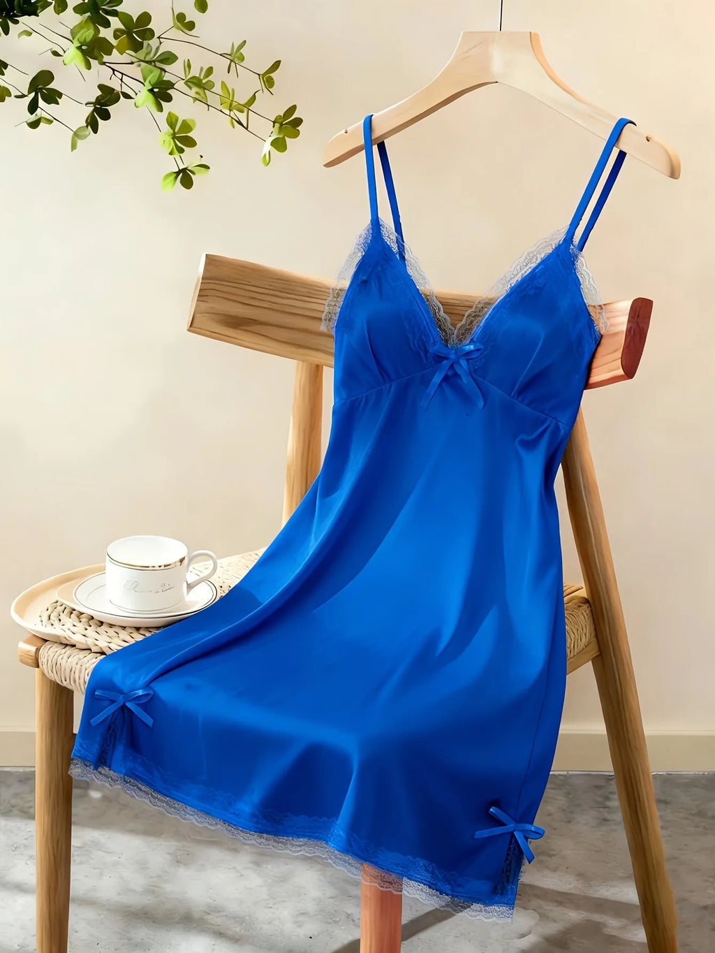 Women Satin Nightdress Sheer Lace Trim Slip Dress Spaghetti Strap Silky Nightgown Elegant Sleepwear Home Lingerie