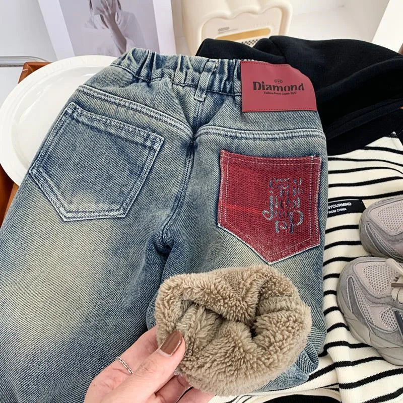 Kids Warm Jeans Children Winter Thick Plush Comfortable Fashion Trousers Boys Versatile Pants Girls Outdoor Thermal Trend Pants