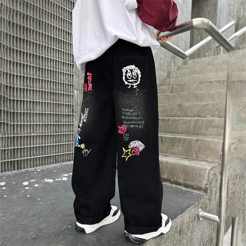 Boys Black Print Jeans Spring/Autumn Kids Wide Leg Pants Washed Denim Straight Pants Teen Children Pants 6 8 10 12 14 Years Old