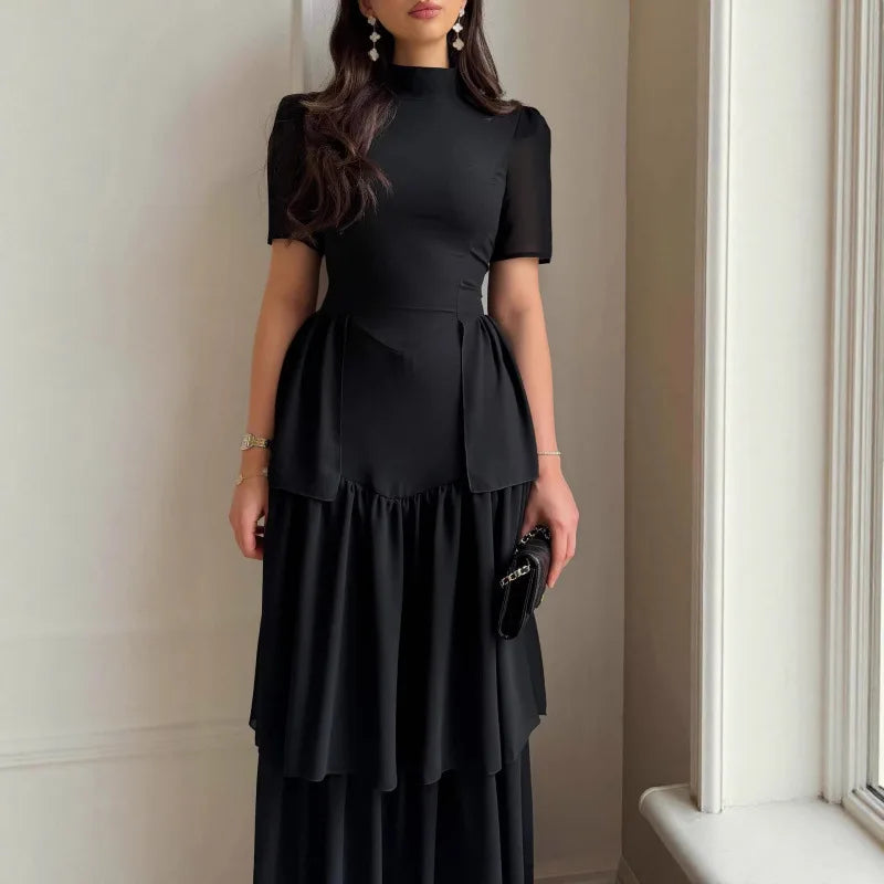 2026 Elegant Dresses For Woman Party Wedding Evening Dress Vestido Temperament Retro Short Sleeves Pleated Solid Color Slim Chic