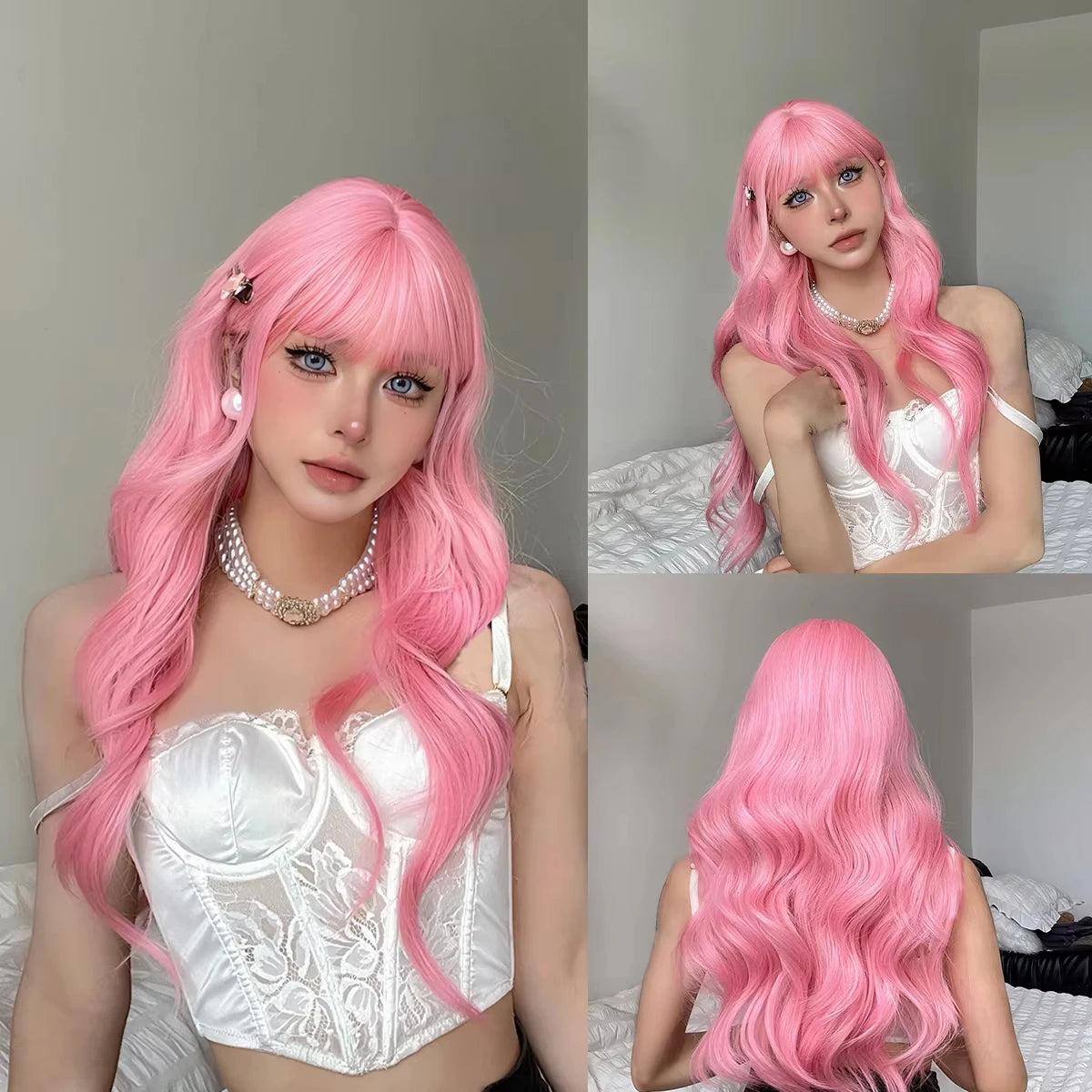 Light Pink Long Straight Hair Synthetic Wig for Halloween Cosplay Costume Party, Daily Wear, High-Temperature Silk Wig Cap