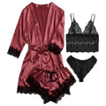 Women 4 Piece Sleepwear Pajamas Set Sexy Lace Robe Lingerie Silk Satin Bathrobe Home Nightwear Clothes