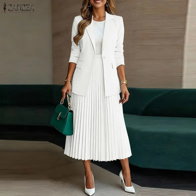 Women's Elegant Office Wear Skirt Suits Long Sleeve Blazer & A-Line Pleated Skirt 2 Pieces Sets ZANZEA Fashion Skirt Sets Outfit