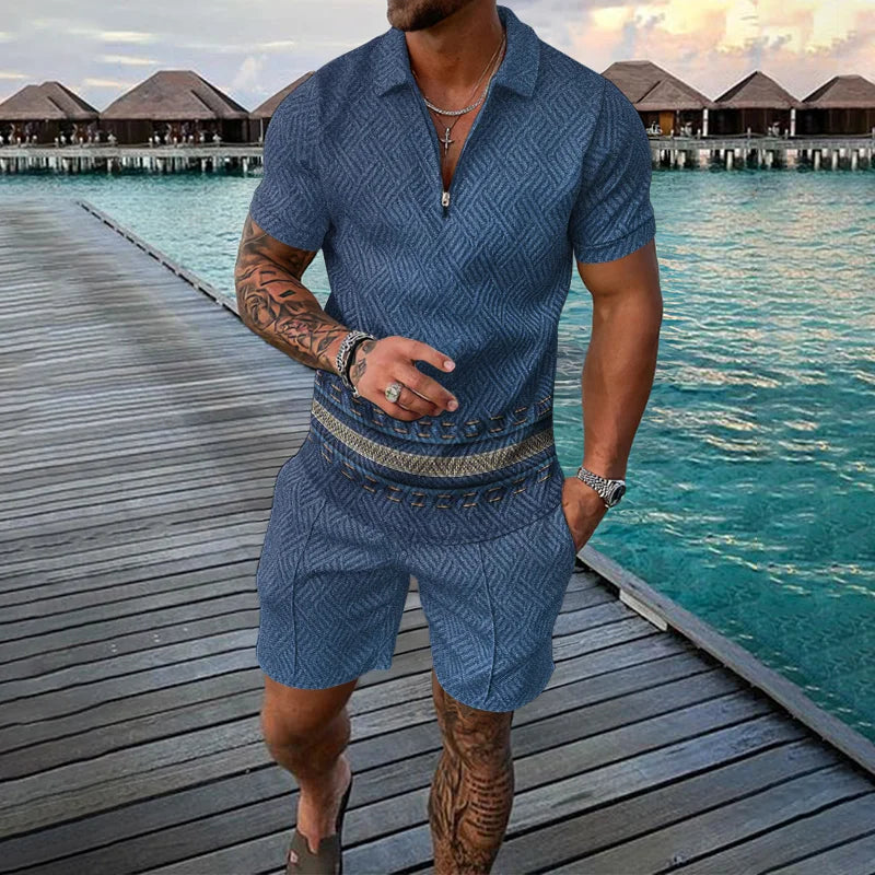 Men's Clothing Tracksuit Sets 3D Print Color Squares Pattern Casual Zipper Polo Shirt And Shorts 2pcs Sets Trend Streetwear Man