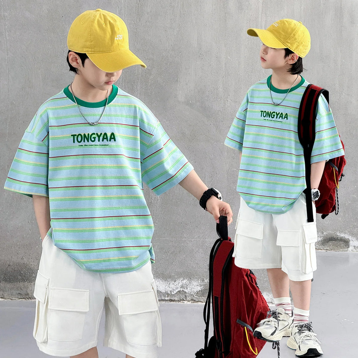 Kids Children Fashion Short Sleeve Green Striped T-shirt for Tweens Boy Summer Clothing Streetwear Cotton Tshirt Outfit Age 5-14