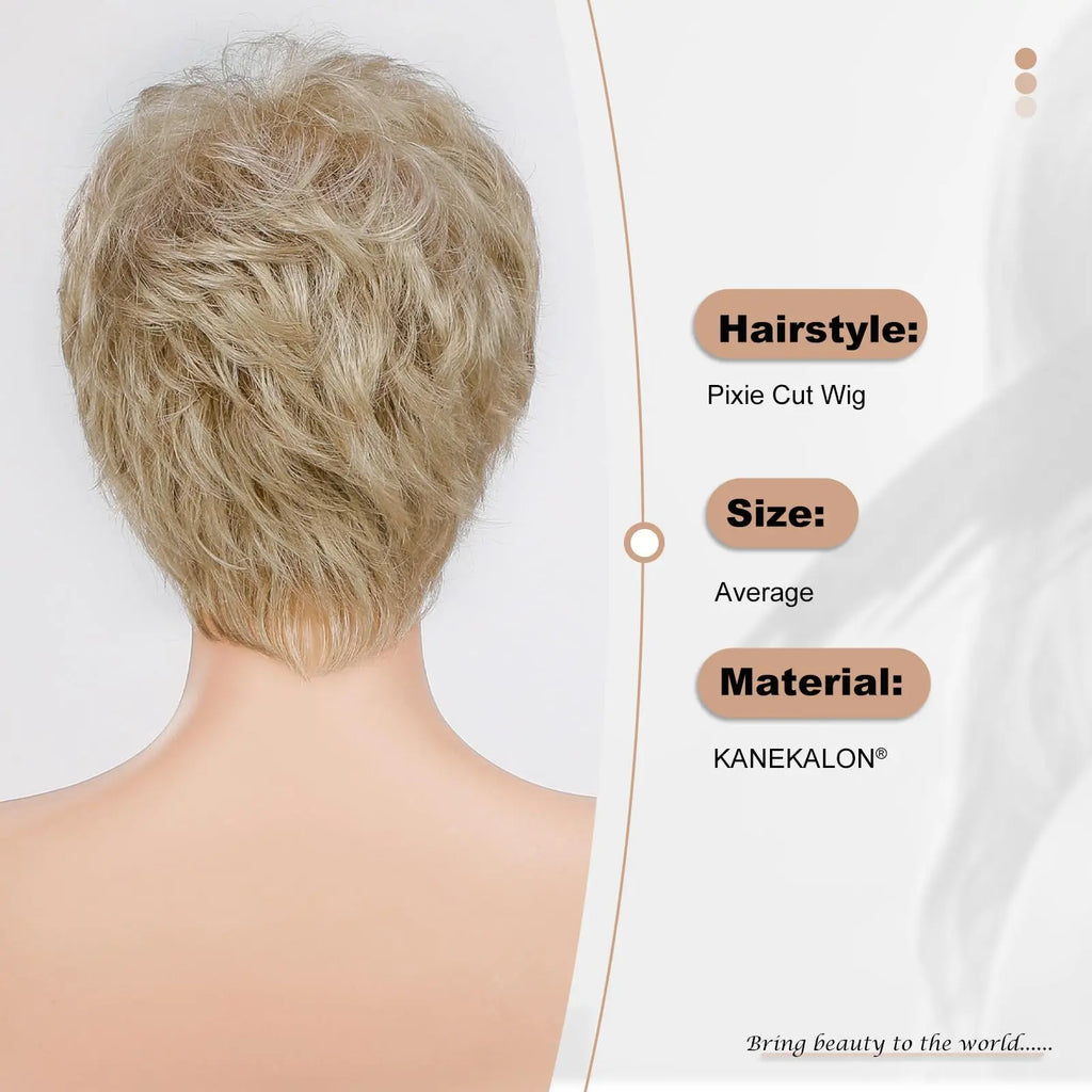 Short Pixie Cut Ash Blonde Wigs for Women with Bangs Blonde Natural Layered Blend Hair Kanekalon Human Hairs Like Texture Wigs