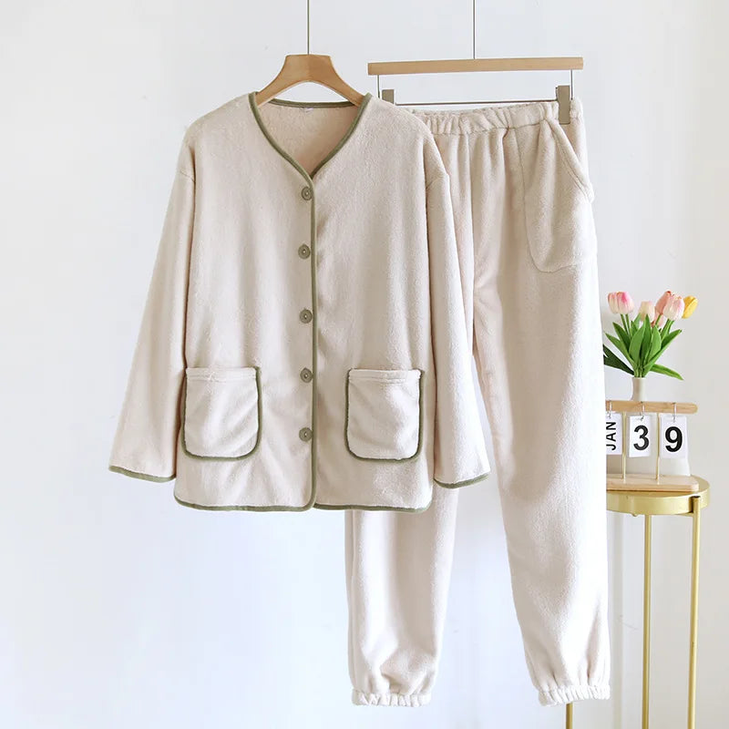 2024 New Autumn/Winter Vintage Pajamas Women Winter Velvet Thickened Outerwear Home Clothing Long Sleeved Pants Set