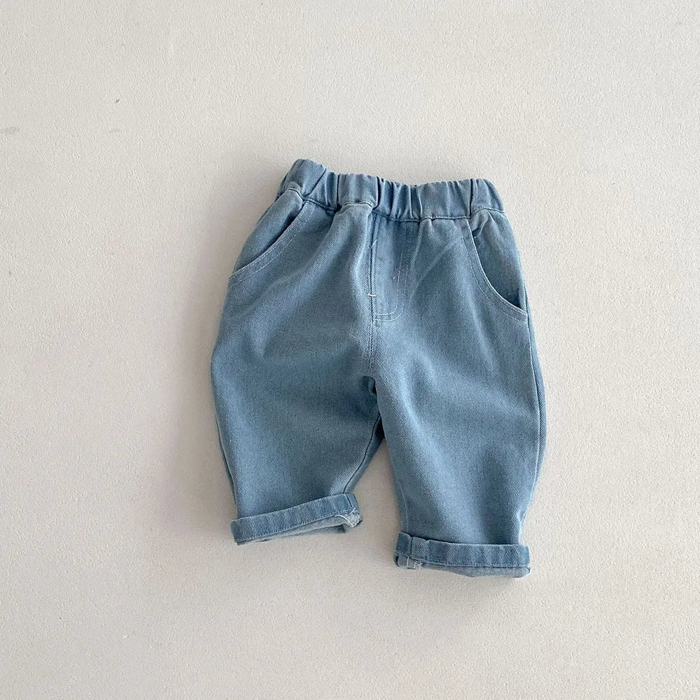 1-5Y Kid's Jeans Loose Solid Boys Denim Pants Patchwork Pocket Girls Straight Trousers Casual Kids Outdoor Pants