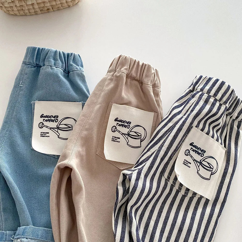 1-5Y Kid's Jeans Loose Solid Boys Denim Pants Patchwork Pocket Girls Straight Trousers Casual Kids Outdoor Pants