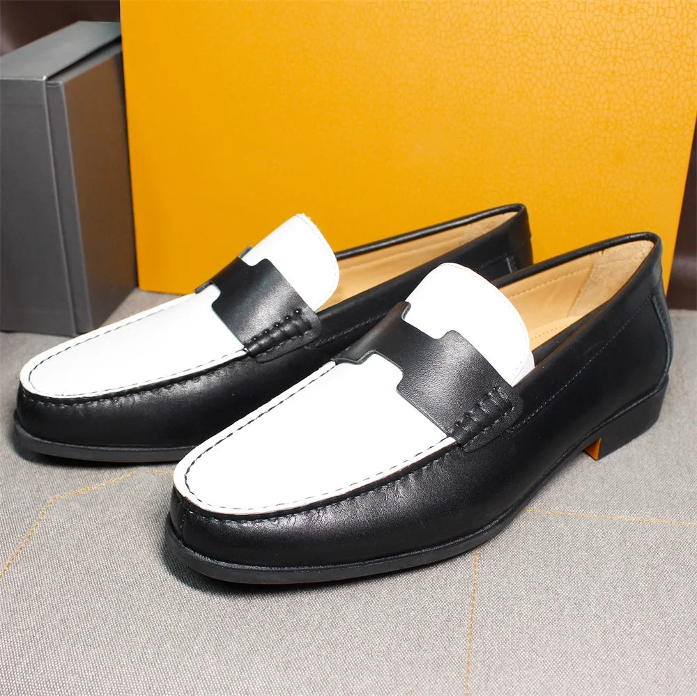 New Style Men's Wedding Shoes Handmade Black and White Loafers Genuine Leather Slip-on Men's Casual Wedding Banquet Shoes