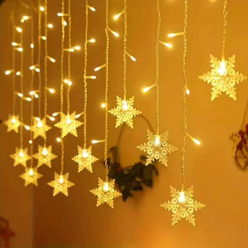 Christmas LED Snowflake Curtain String Light, USB Powered Window Hanging Fairy Lights with 8 Modes for Indoor Holiday Room Decor