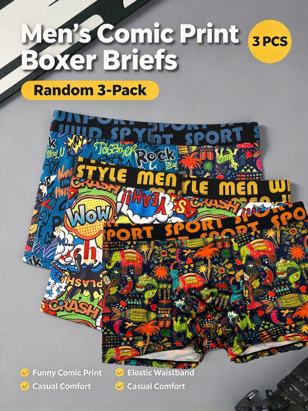Boxer Briefs 3PCS Set Cartoon Graffiti Print Underwear Soft Breathable Male Shorts Fashion Casual Men Underpants Multi Patterns