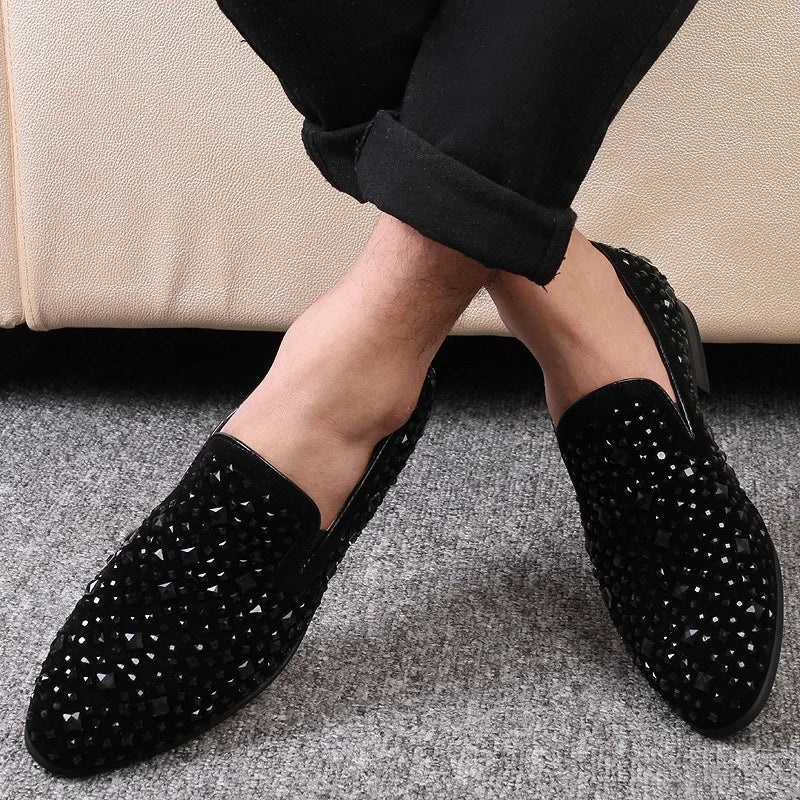 Dress Shoes for Men Luxury Pointed Toe Black Loafers Denim Metal Sequins Shoes Fashion High Quality Men Party Wedding Shoes New