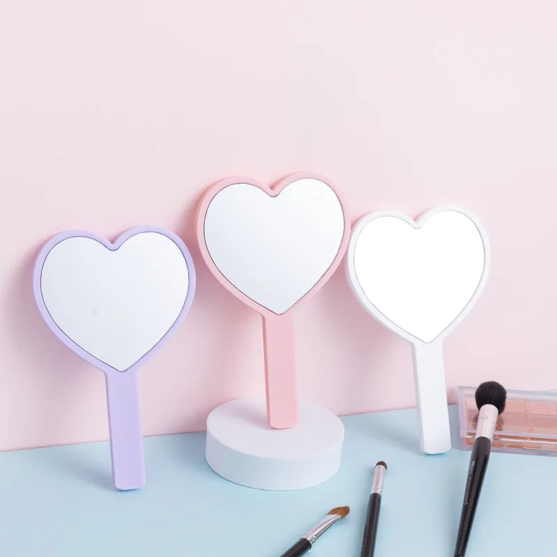 1PCS Heart Shaped Hand‑held Vanity Mirror With Handle Portable Cute Small Beauty Mirror Cosmetic Makeup Tool For Girls Women