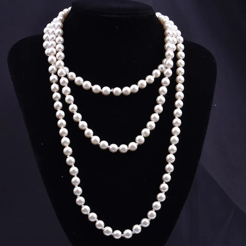 1.5m -8mm fashion glass imitation pearl necklace women's simple knot multi-layer long sweater chain clothing accessories 2021