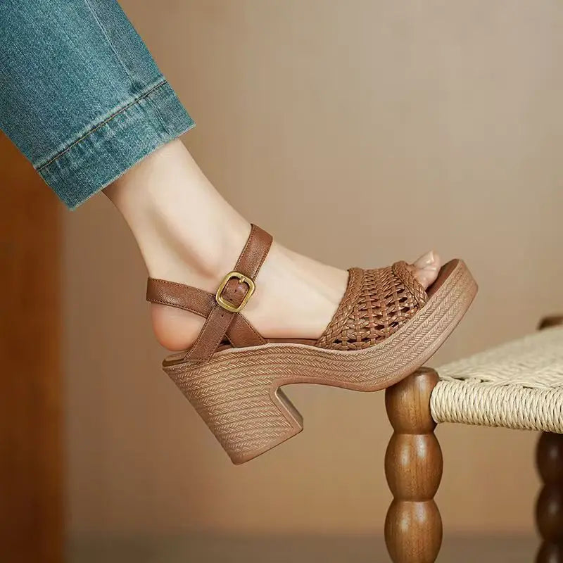 Women's High Heels Sandals Summer Elegant Hollow Braided Chunky Pumps Fashion Ankle Straps Versatile Vacation Casual Beach Shoes