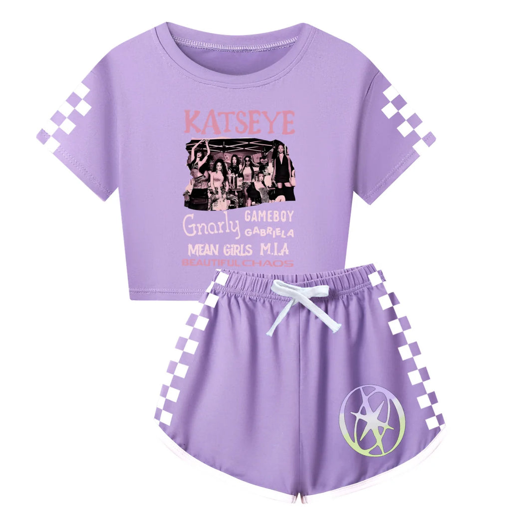 Girls T Shirt Katseye Beautiful Chaos T-shirt And Shorts Clothes Set Outfit Tee Gift for Kids Graphic Short Sleeve Shirt Summer