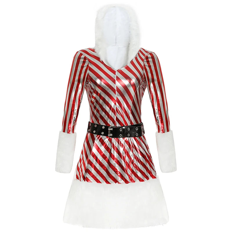New Women Christmas Hooded Dress 3Pcs Up Winter Velvet Striped Mrs Claus Santa Cosplay Costume Xmas Holidays Party Fancy Dress