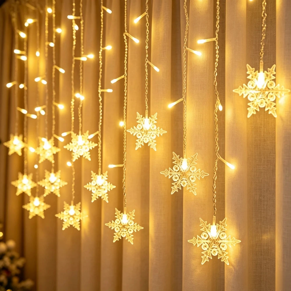 Christmas LED Snowflake Curtain String Light, USB Powered Window Hanging Fairy Lights with 8 Modes for Indoor Holiday Room Decor