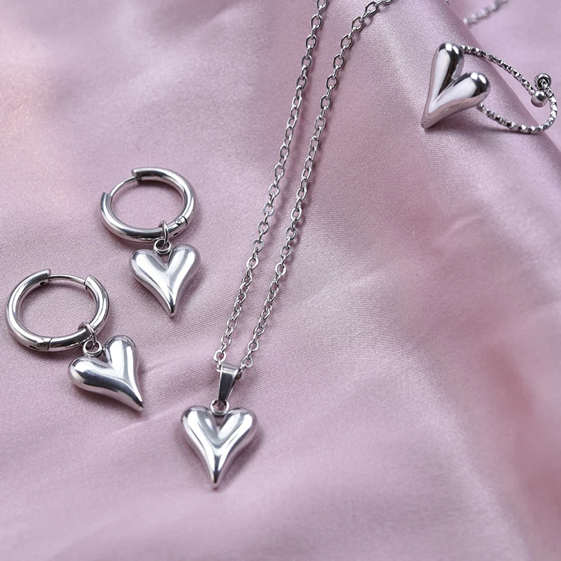 100% Stainless Steel Heart Jewelry Set For Women Accessories Cute Girl Supplies Love Earrings/Rings/Necklace Fashion Party Gift