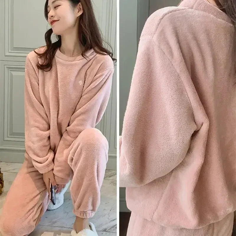 Winter Pajamas Coral Fleece Warm Pajamas Set Can Be Worn Outside Pajamas Loose Top Elastic Waist Trousers Home Leisure Wear