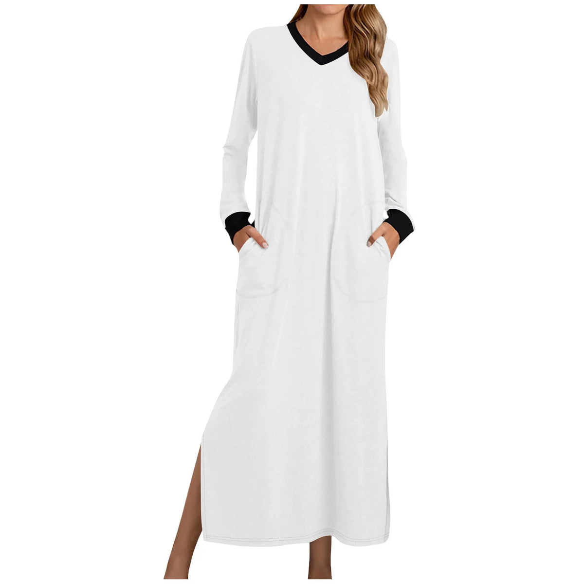 Women's Nightgowns V-Neck Long Sleeve Pajamas with Pocket Solid Color Long Dresses Sleepshirts for Women Soft Nightwear Robes