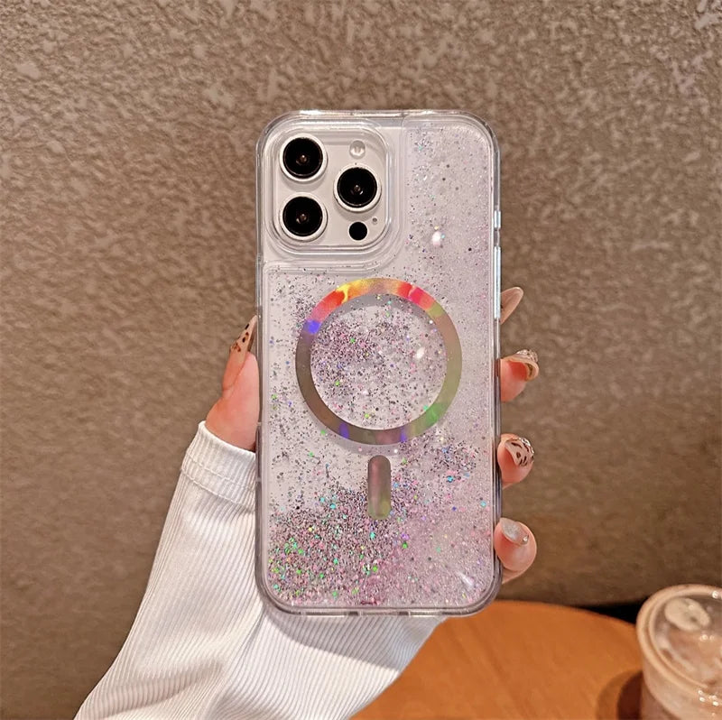 Luxury Plating Ring for Magsafe Case for iPhone 15 16 17 Pro Max Magnetic Glitter Beads Quicksand Phone Cover Liquid Shell Funda