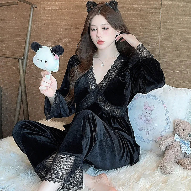 High End Winter Sleepwear Pajamas Woman Offer Lace Sweet Women's Home Clothes Warm Gold Velvet Winter Nightwear Pijamas Mujer