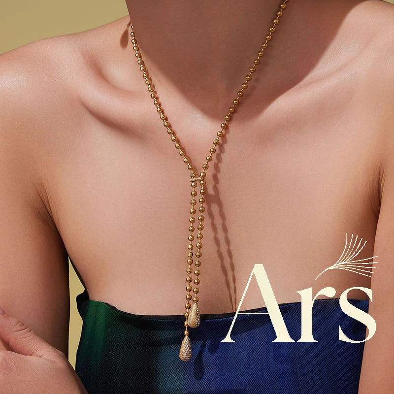 Stainless Steel Y Necklace for Women 18k Gold Plated Beaded Chain Inlaid Zircon Droplet Pendant Necklaces Matching Earrings