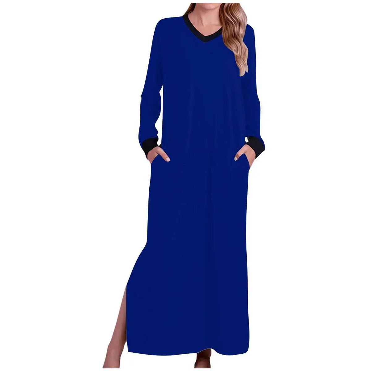 Women's Nightgowns V-Neck Long Sleeve Pajamas with Pocket Solid Color Long Dresses Sleepshirts for Women Soft Nightwear Robes