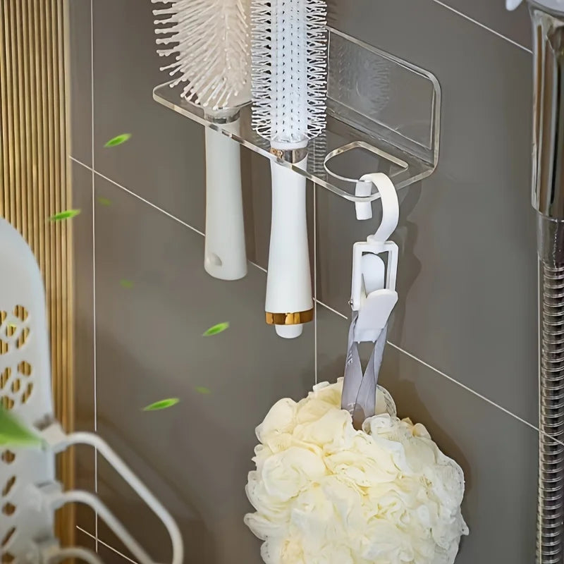 1pc Clear Acrylic Wall-Mounted Bathroom Organizer - No-Drill Storage Rack for Hair Brushes, Combs, Toiletries - Space-Saving
