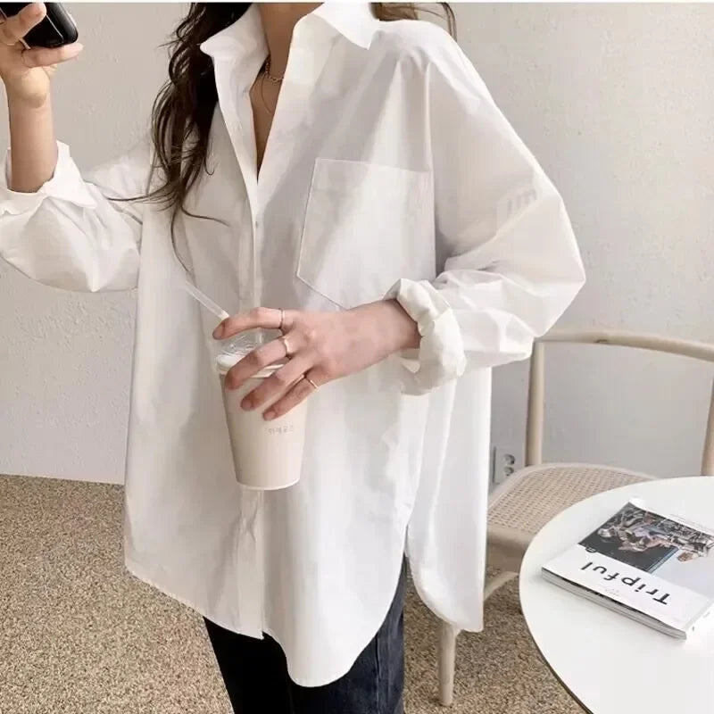 2026 Office Lady Elegant White Casual Plus Size Blouses Fashion New Cotton Long Sleeve Women Shirt Turndown Collar Tops