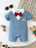 Infant and Toddler Boys' Romper, Stylish Casual Little Gentleman Style with a Faux Two-Piece Design, Short Sleeves, Solid Color, and Bear Embroidery