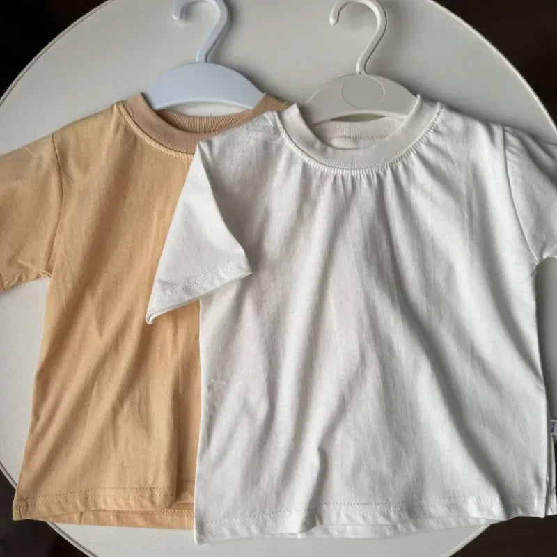 Kids Cotton Short Sleeve T-shirt Boys Girls Summer Baby Tops White Black Solid Color Children Casual Tees 0-8Years Child Clothes