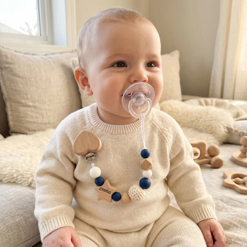2026 Personalized Pacifier Clip Silicone Beads Beech Wood Teether Holder Custom Name Heart BPA Free Handmade Baby Shower Gift